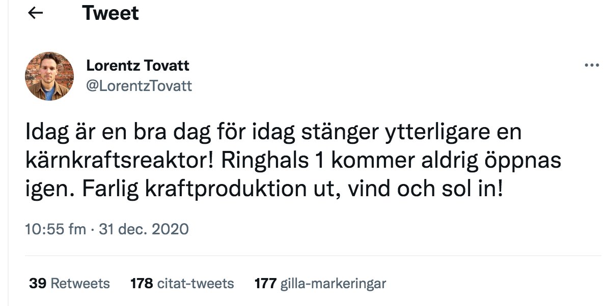 De höga elpriserna visar faran med att göra sig av med PLANERBAR energi. 

De höga elpriserna visar faran med att låta Socialdemokraterna styra Sverige och dela ut hundben till MP och V. 

ALDRIG igen detta vansinnesstyre!