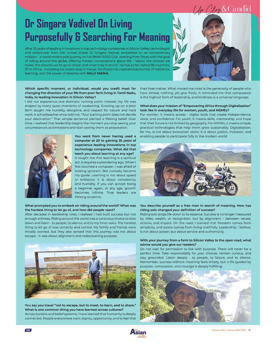 After 35 years working in Silicon Valley, Dr Singara Vadivel, embarked on a motorcycle journey with the goal of riding around the globe, offering honest conversations about life. We spoke to him during his recent stop in Kenya and feature him in this week’s interview.