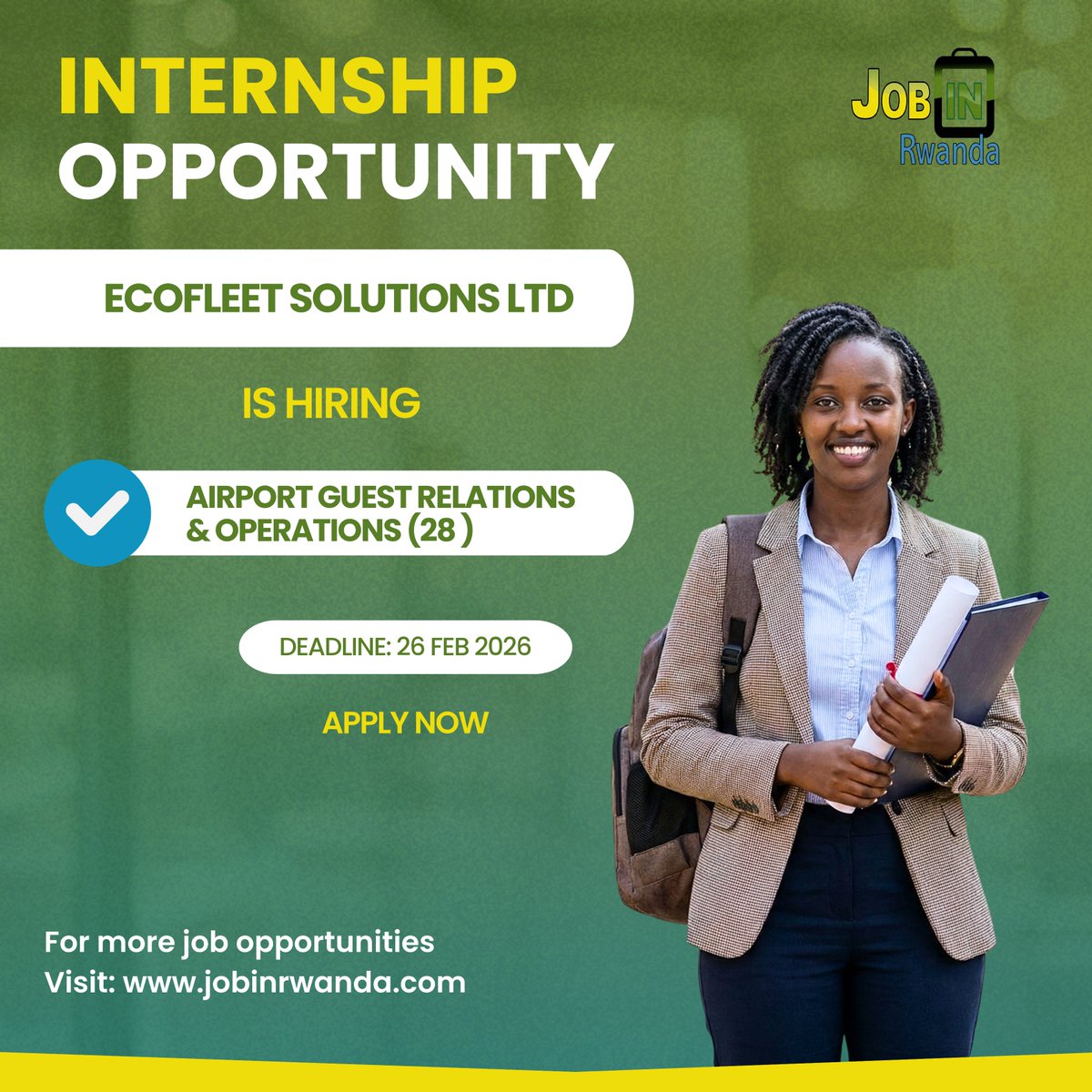 🚨NEW INTERNSHIP OPPORTUNITY | At ECOFLEET SOLUTIONS Ltd

▶️Airport Guest Relations &amp; Operations (28 Positions)

✅APPLY here: jobinrwanda.com/job/airport-gu…

📍0-1 year of experience

🗓️Deadline: 26-Feb-2026

#jobinrwanda