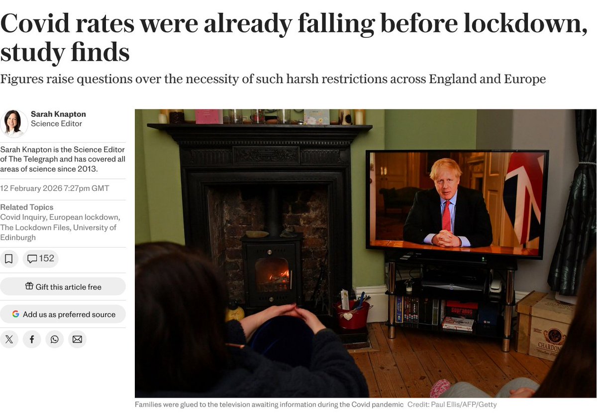 We told you so!!

But 90% obeyed the 'experts' and the models like willing sheep.

And wrecked the economy, trashed our kids education and left Granny to die alone and unloved.

Lockdown was the greatest volutary disaster of my lifetime.

Until Net Zero

telegraph.co.uk/news/2026/02/1…