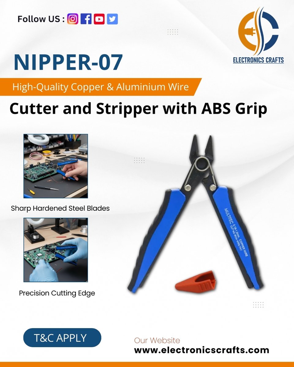ElectronicsCraf's tweet photo. Designed for copper &amp; aluminium wires, it delivers clean cuts and accurate stripping with ease.

#Nipper07
#WireCutter
#WireStripper
#ElectronicsTools
#ElectricalTools
#PrecisionTools
#HandTool https://t.co/YY77TczlqG