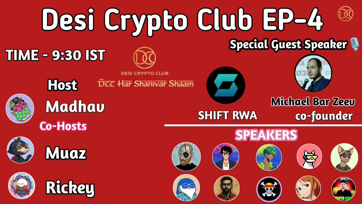 Desi Crypto Club EP-4

DCC X space with <a href="/micobz/">Michael Bar-Zeev</a> from SHIFT ( Co founder )
 
( Time 9:30 IST Today )

<a href="/ShiftRWA/">SHIFT</a> Stocks brings Wall Street on-chain with fully backed MiCAR compliant Asset Referenced Tokens that let anyone trade stake lend borrow and loop tokenized stocks like SPY,