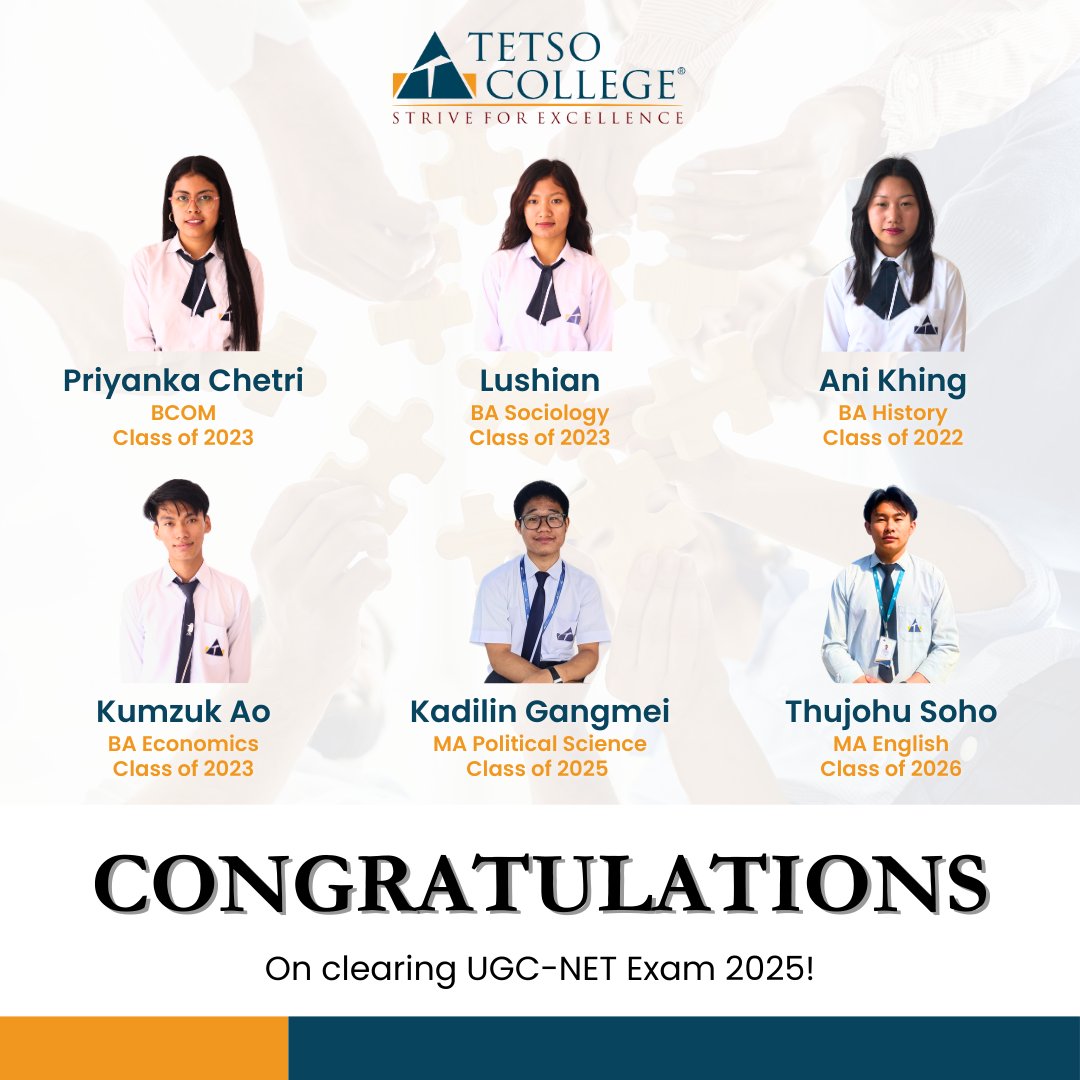 We are incredibly proud to announce that our students/alumni have cleared the UGC NET 2025 exam! Your dedication to academic excellence perfectly embodies our motto, "Strive for Excellence."

The Tetso family celebrates you today!

#TetsoCollege #UGCNET2025 #AcademicExcellence