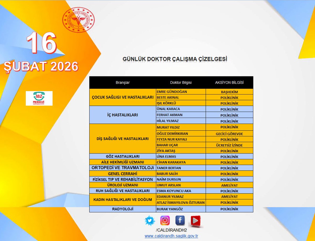 Mobil , Web ve 182 Randevu hattından istediğiniz Hekime anında randevu alabilirsiniz. Yayınlanan Poliklinik Listesi üzerinde Hastanemiz Yönetimi tarafından Acil Vaka, Hastalık vb. gibi nedenlerle mecburi değişiklikler yapılabilir
<a href="/vanilsaglik/">Van İl Sağlık Müdürlüğü</a>

<a href="/drmuhammedtosun/">Dr.Muhammed Tosun</a>