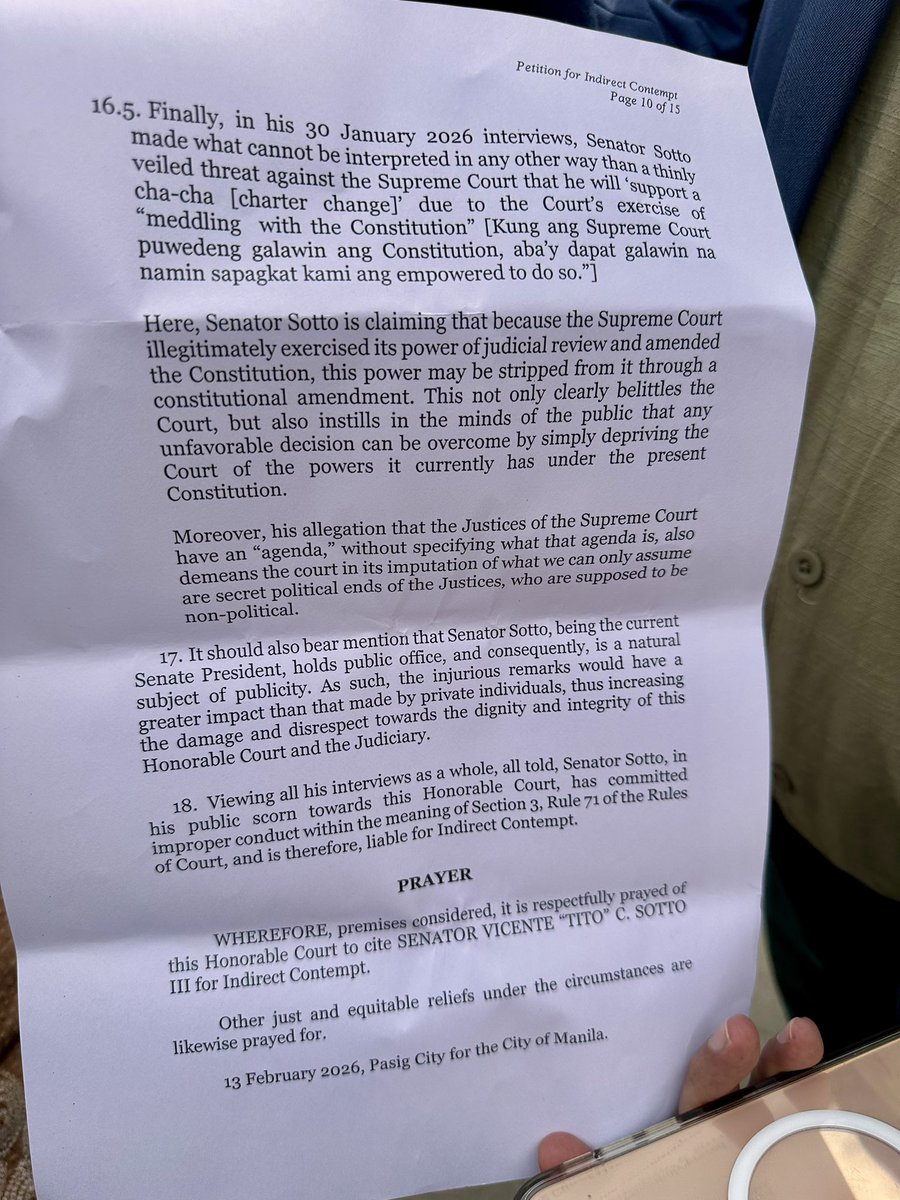sandraguinaldo's tweet image. A petition seeking to cite Senate President Tito Sotto for indirect contempt has been filed before the Supreme Court. Atty. Ferdinand Topacio and other lawyers alleged that Sotto issued statements that “tend to demean and destroy the credibility” 
 of the high court. @gmanews