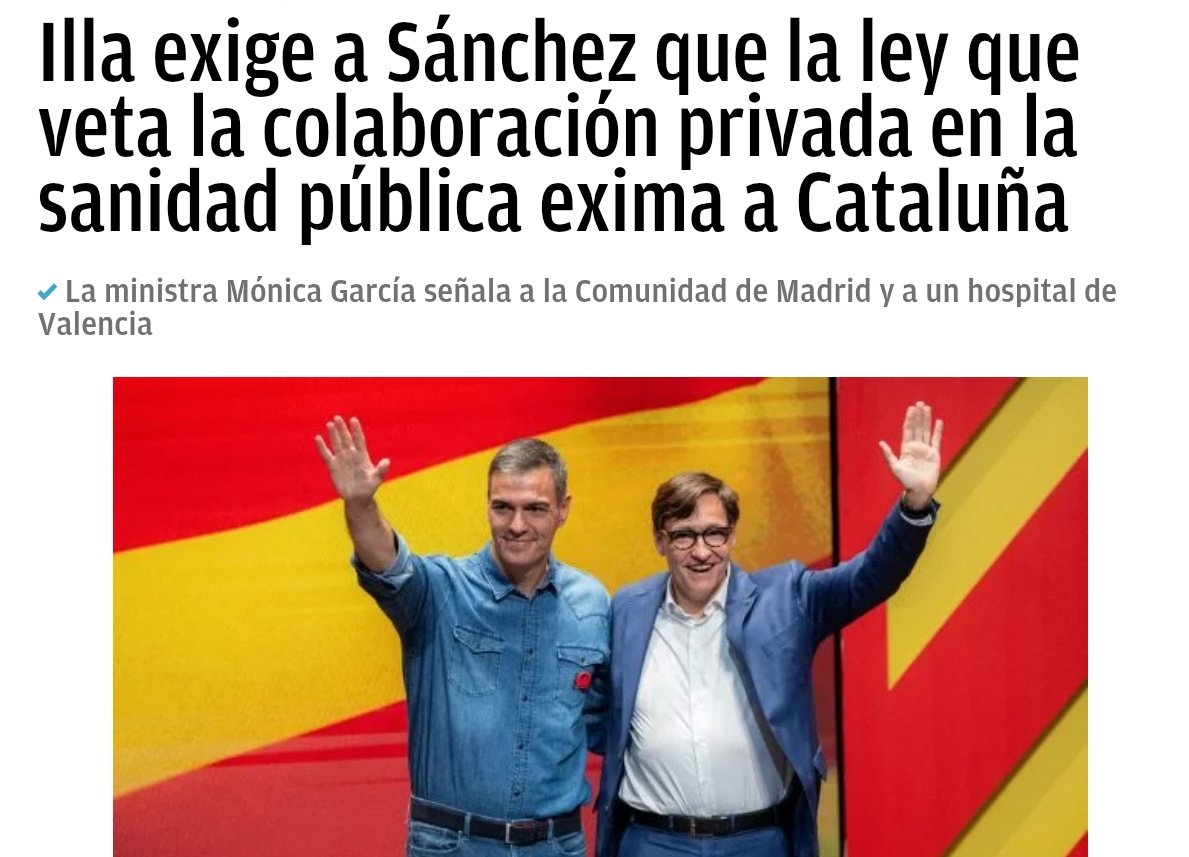 La colaboración con la Sanidad Privada en Madrid es del 17%.

La colaboración con la Sanidad Privada en Cataluña es del 60%.

Pero para el <a href="/PSOE/">PSOE</a> y toda la extrema izquierda la que Privatiza la Sanidad Pública es la Comunidad de Madrid