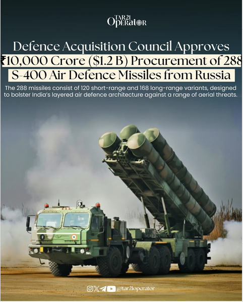 GuardianSky_IAF's tweet photo. Breaking: 
India approves 288 S-400 Triumf missiles from Russia, including 168 long-range 40N6 missiles, to boost air defence post-Operation Sindoor. 🇮🇳🛡️

#S400 #IndianAirForce #Defence #AirPower #StrategicStrength https://t.co/XlHcg6X109