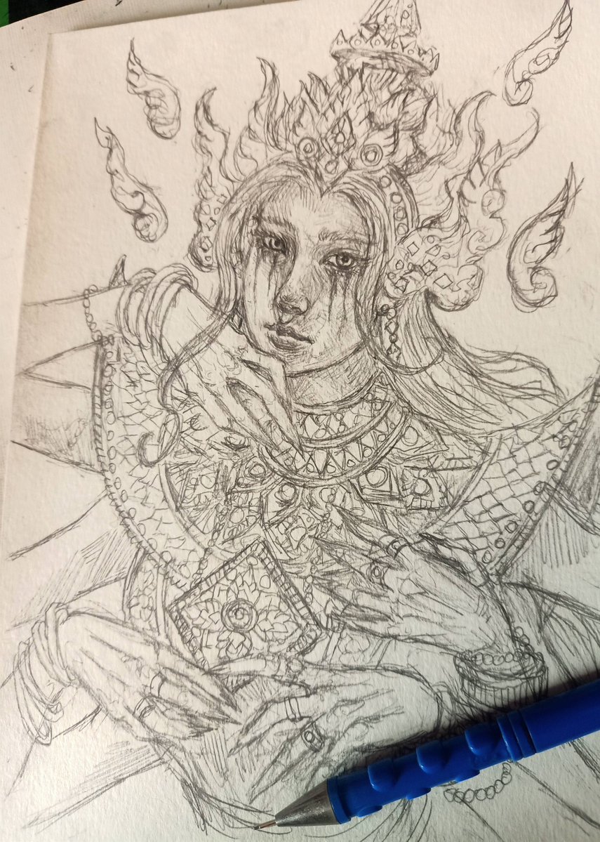 ปกติผมจะจบงานด้วยปากกานะ เเต่นี่ไม่กล้าลงต่อ 
กลัวงานพัง 😅

I usually finish my work with pen, but this time I don’t dare continue...
I’m scared I’ll ruin it lol 🥹