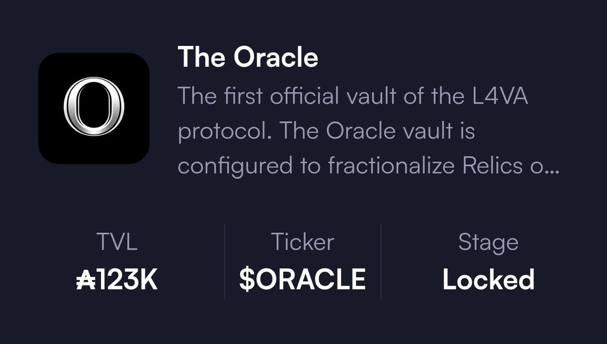Cardano TVL is overflowing w/ L4VA!

123K $ADA TVL in $ORACLE Vault 🔥

The first of many Vaults created on L4VA Protocol was a huge success!

$ORACLE token is now flowing throughout the ecosystem &amp; represents your % of ownership over the 123K $ADA TVL Vault.

🌋 L4VA Protocol 🌋