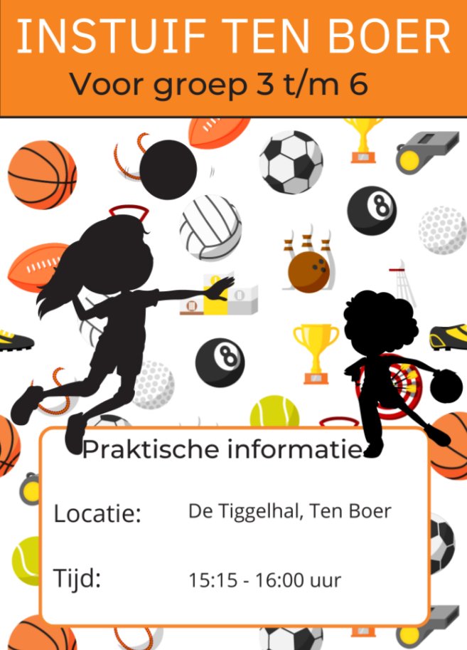 Beweeginstuif Ten Boer
Wekelijks wisselende sport- &amp; spelactiviteiten. Sporthal Ten Boer Groepen 3 t/m 6  bslim.nl