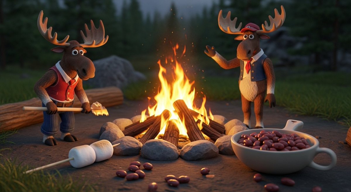 HormavuAgara's tweet photo. Campfire vibes tonight: two moose pals roasting marshmallows, simmering beans, and swapping stories under the pines. Cozy flames, forest air, and good company—what’s cooking at your campsite? @DataHaven_xyz https://t.co/ZzNJTY0ehx