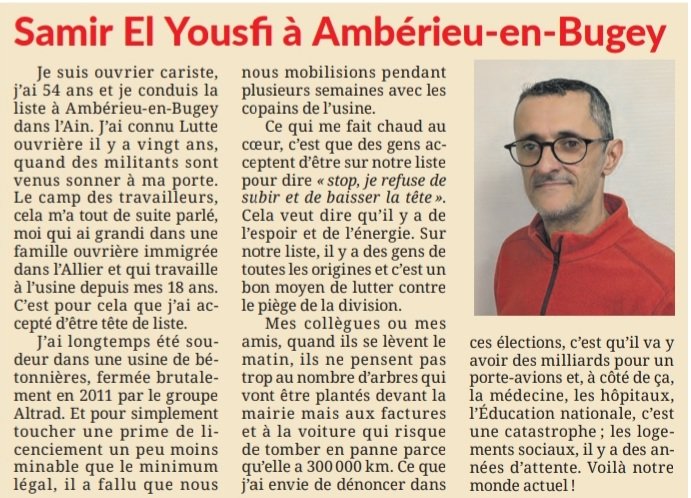 Samir El Yousfi conduit la liste Lutte ouvrière aux #Municipales2026 à Amberieu en Bugey. Fier et déterminé !