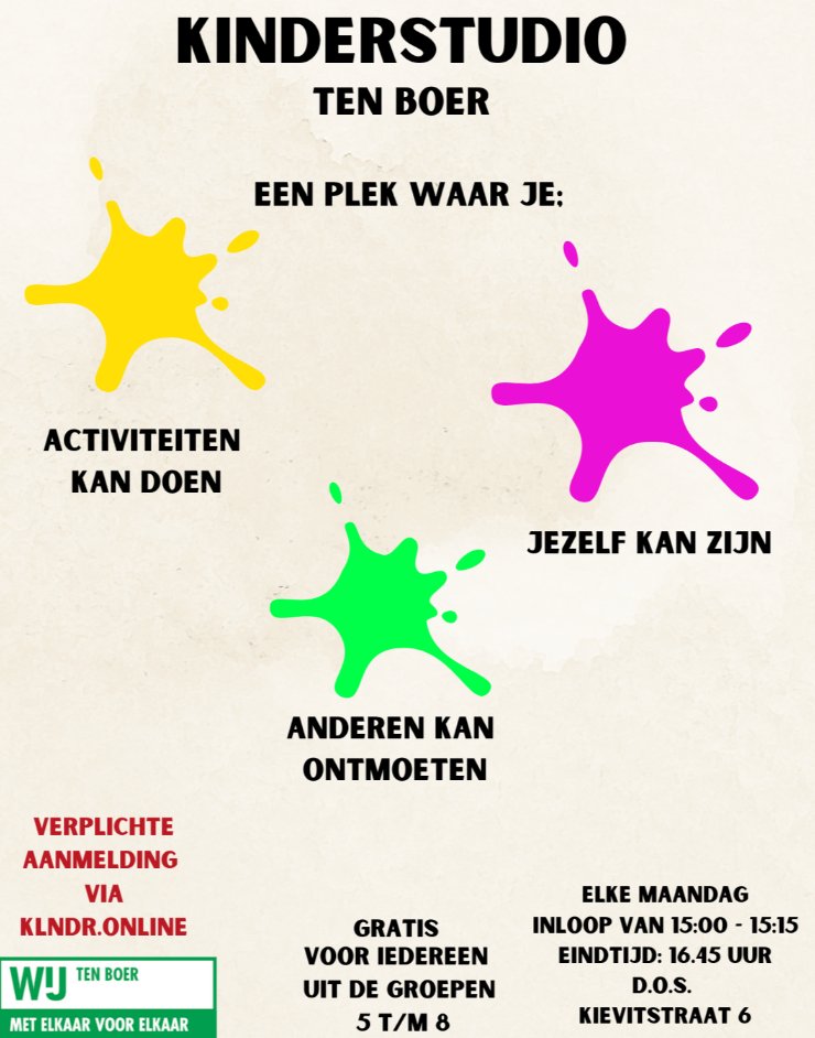 Kinderstudio
Wekelijks wisselende activiteiten.
Elke maandag, 15:00 - 16:45 uur (inloop 15:00 - 15:15 u)
Voor wie
Groep 5 t/m 8