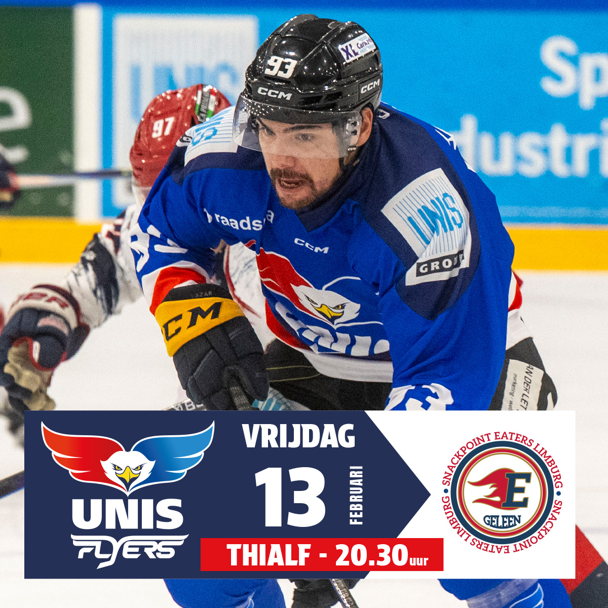 Vanavond in Thialf: 𝐔𝐍𝐈𝐒 𝐅𝐥𝐲𝐞𝐫𝐬 𝐯𝐬. 𝐄𝐚𝐭𝐞𝐫𝐬 𝐋𝐢𝐦𝐛𝐮𝐫𝐠🏒

Face-off 20.30 uur.  Harde duels, hoog tempo, strijd tot de laatste seconde.  

Tickets: ticketpoint.nl/evenement/unis… 

#UNISFlyers #IJshockey #Thialf #CEHL