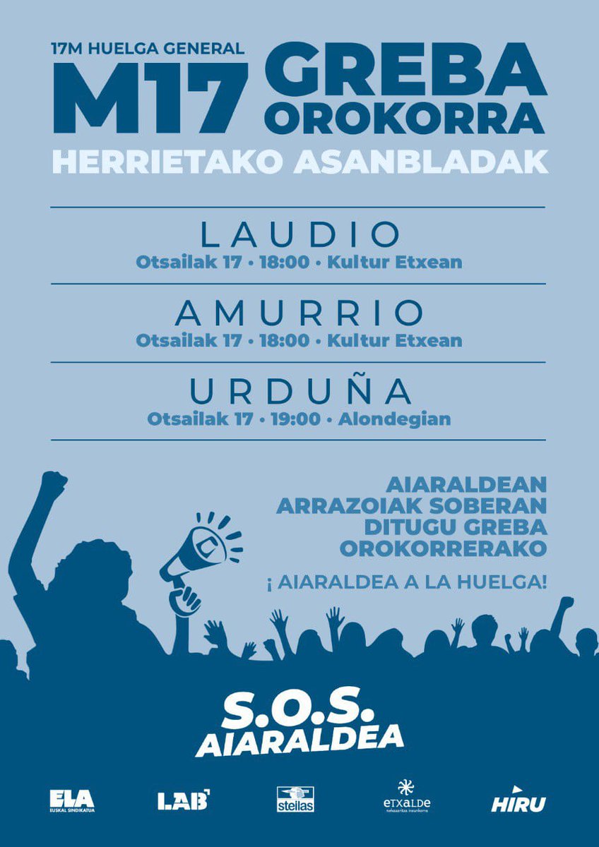 AiaraldeaGreba's tweet image. 📣 Greba Orokorra prestatzen jarraitzeko asanblada irekiak Aiaraldean

📣 Asambleas abiertas para organizar la Huelga General en Aiaraldean.

👊 Con más razones que nunca, AIARALDEA GREBARA!