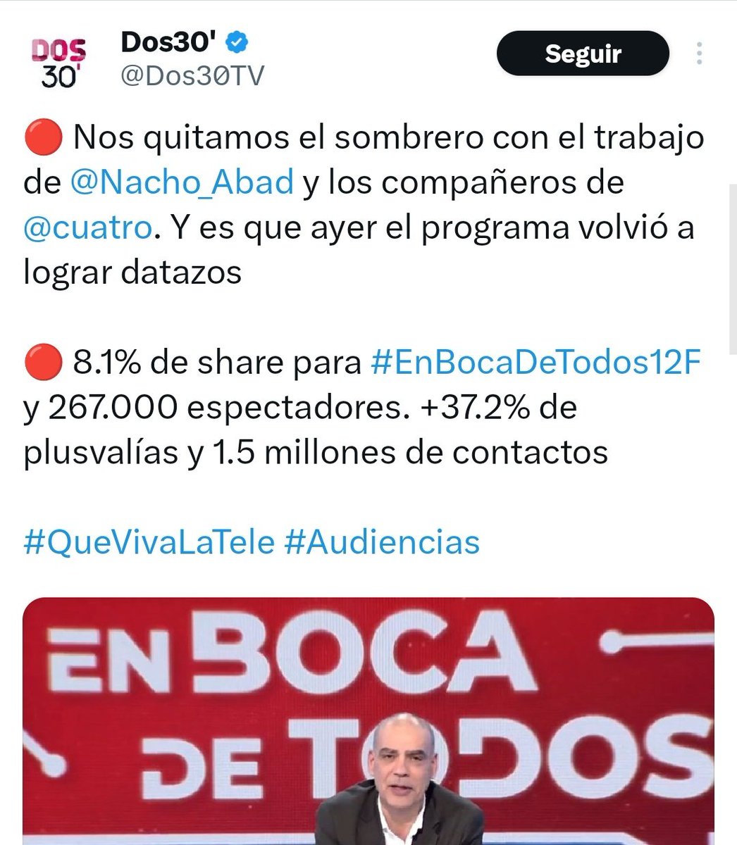 Ayer Horizonte con <a href="/navedelmisterio/">Iker Jiménez</a> y En Boca de Todos con <a href="/Nacho_Abad/">Nacho Abad 🇺🇦</a>  en máximos de audiencia.

Los ataques que sufren del gobierno y sus palmeros están saliendo regular.