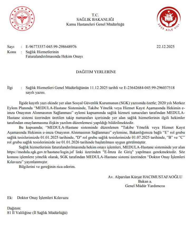 T.C. Sağlık Bakanlığı tarafından yayımlanan “Sağlık Hizmetlerinin Faturalandırılmasında Hekim Onayı” konulu düzenleme ile hekimlere, MEDULA sistemi üzerinden her bir işlem için ayrıca e-imza onayı yükümlülüğü getirilmiştir.
Hekimler zaten:
* Muayene, ameliyat ve tüm tıbbi