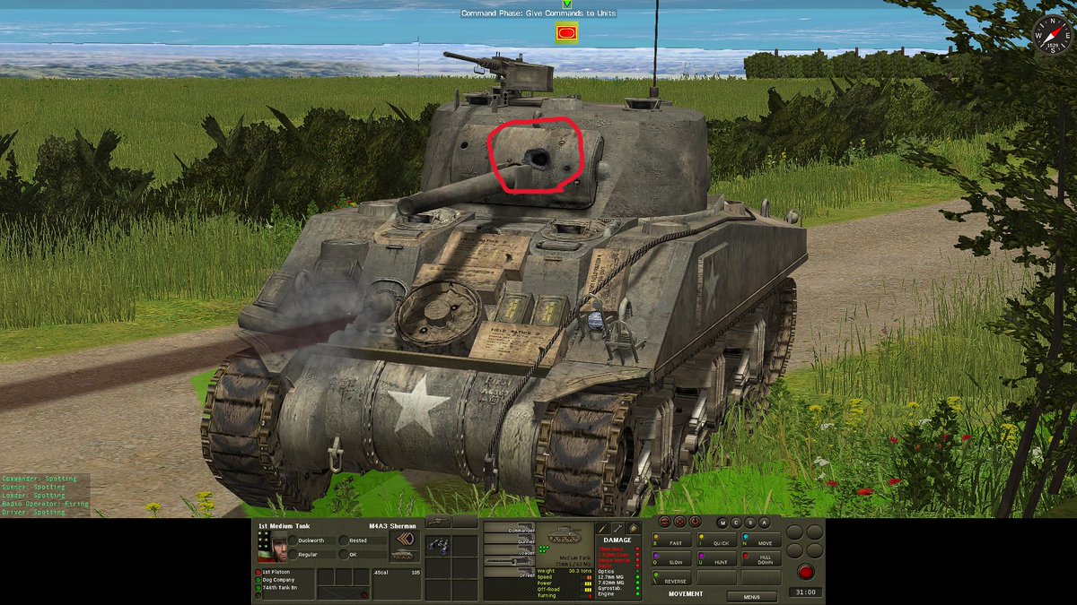 SAS_Sgt_shiun's tweet photo. #CMBN #Combatmission
対戦車砲に砲塔をぶち抜かれたのに、戦死も負傷者もおらず。75mm砲と同軸機銃がダメになったが、車長用の12.7mm機銃と無線手用の車体機銃は使えるのでこのまま前進攻撃を下令した。
CombatMissionは車両の装備毎の破損判定あるから、たま~に、こんなレアなことが起きるw https://t.co/EQ4VLC77ex