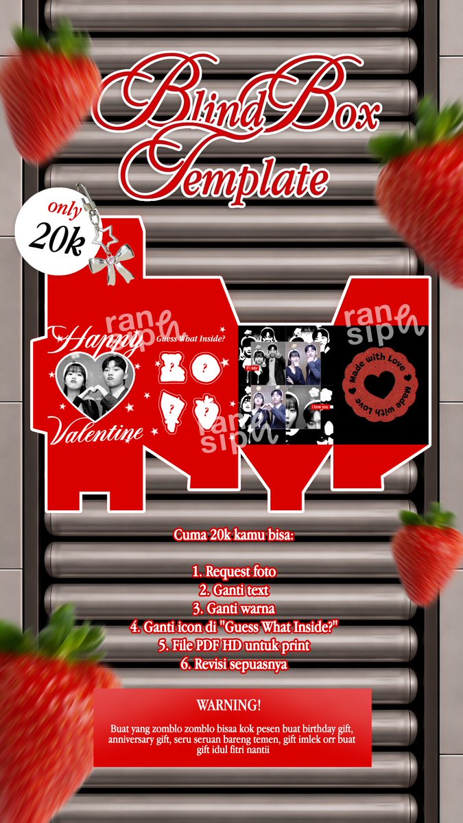 help rt please? thank youu

hii!! ransiph comeback dengan menjwal Template Blind Box seperti gambar di bawah yaa (konsepnya seperti pesen layout). tapiii tenang ajaa, bukan cuma buat valentine kok, bisa buat gift yang lainn. bisaa langsung dm aja yaa untuk orderr❤️‍🔥❤️‍🔥

#zonauang