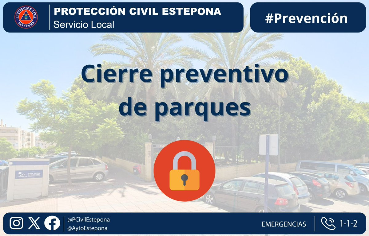 🔐 Cierre preventivo de parques públicos

El <a href="/AytoEstepona/">Ayto de Estepona</a> procede al cierre preventivo de los parques públicos, ante los avisos por precipitaciones emitidos por <a href="/AEMET_Esp/">AEMET</a>.

Esta medida tiene carácter preventivo, con el objetivo de garantizar la seguridad de la ciudadanía frente