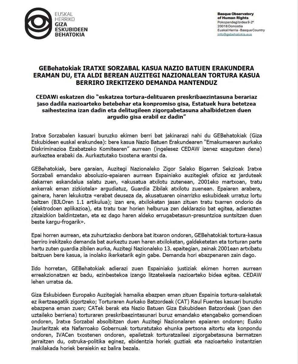 GBehatokia's tweet photo. Iratxe Sorzabalen kasuari buruzko ekimen berri bat jakinarazi nahi dugu: bere kasua Nazio Batuen Erakundearen “Emakumearen aurkako Diskriminazioa Ezabatzeko Komitearen” aurrean (ingelesez CEDAW izenez ezagutzen dena) aurkeztea erabaki da. 
Irudian prentsa oharra ikusgai dago. https://t.co/tXtwJLzda2