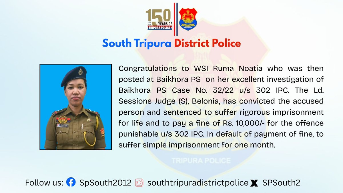 Congratulations to WSI Ruma Noatia, then posted at Baikhora PS, for her excellent investigation in Case No. 32/22 u/s 302 IPC. The Ld. Sessions Judge (S), Belonia, has convicted the accused and sentenced him to life imprisonment with a ₹10,000 fine. <a href="/Tripura_Police/">Tripura Police</a>