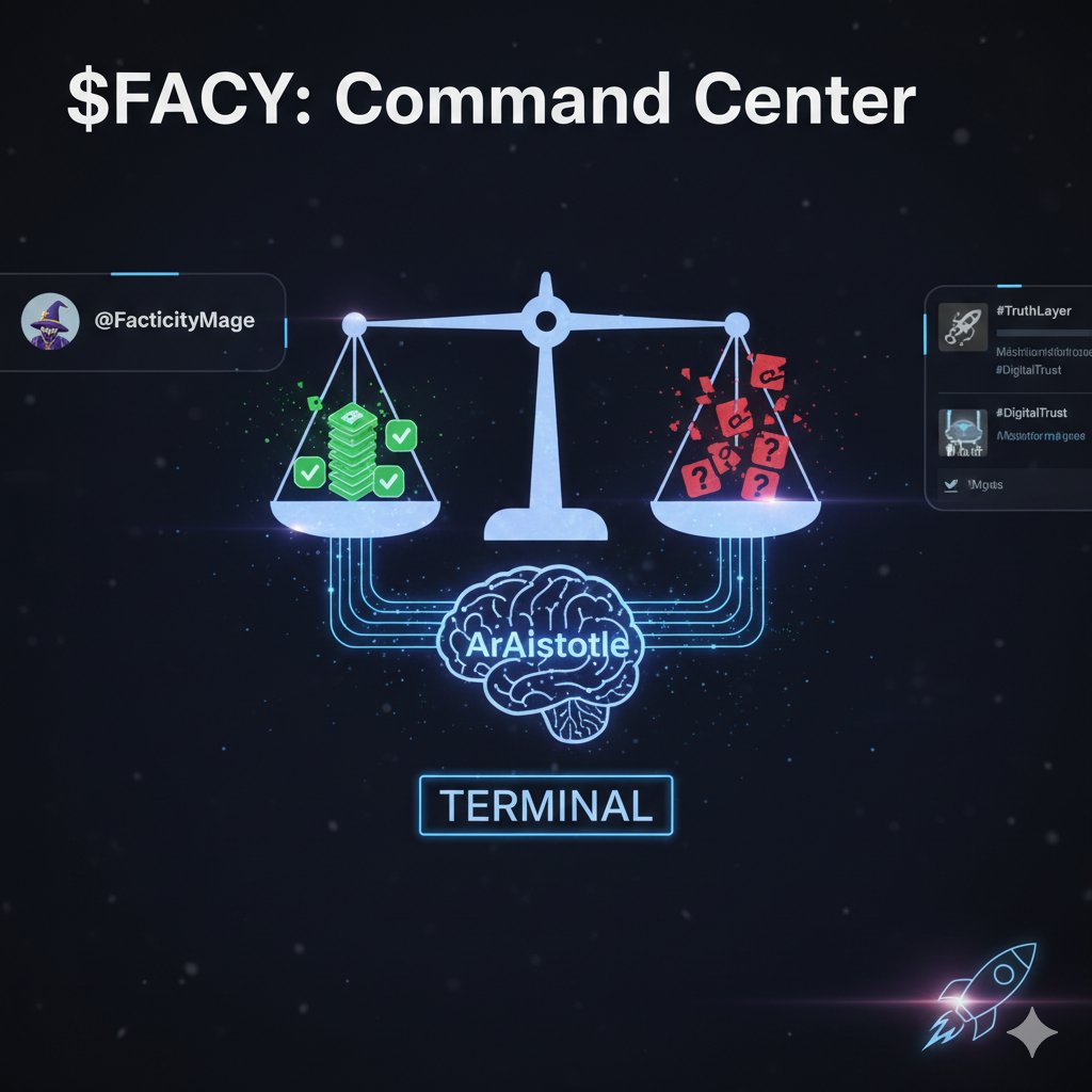 Quasymodo71's tweet photo. The $FACY Truth Terminal is LIVE! ⚖️ More than just a dashboard—it's the Command Center for decentralized fact-checking. Soft-launch started for 20 early users to test ArAIstotle & MSRD tech in the wild. Trust-as-a-Service is here. 🚀 #FACY #AI #Trustware https://t.co/UWVzCOCHfS