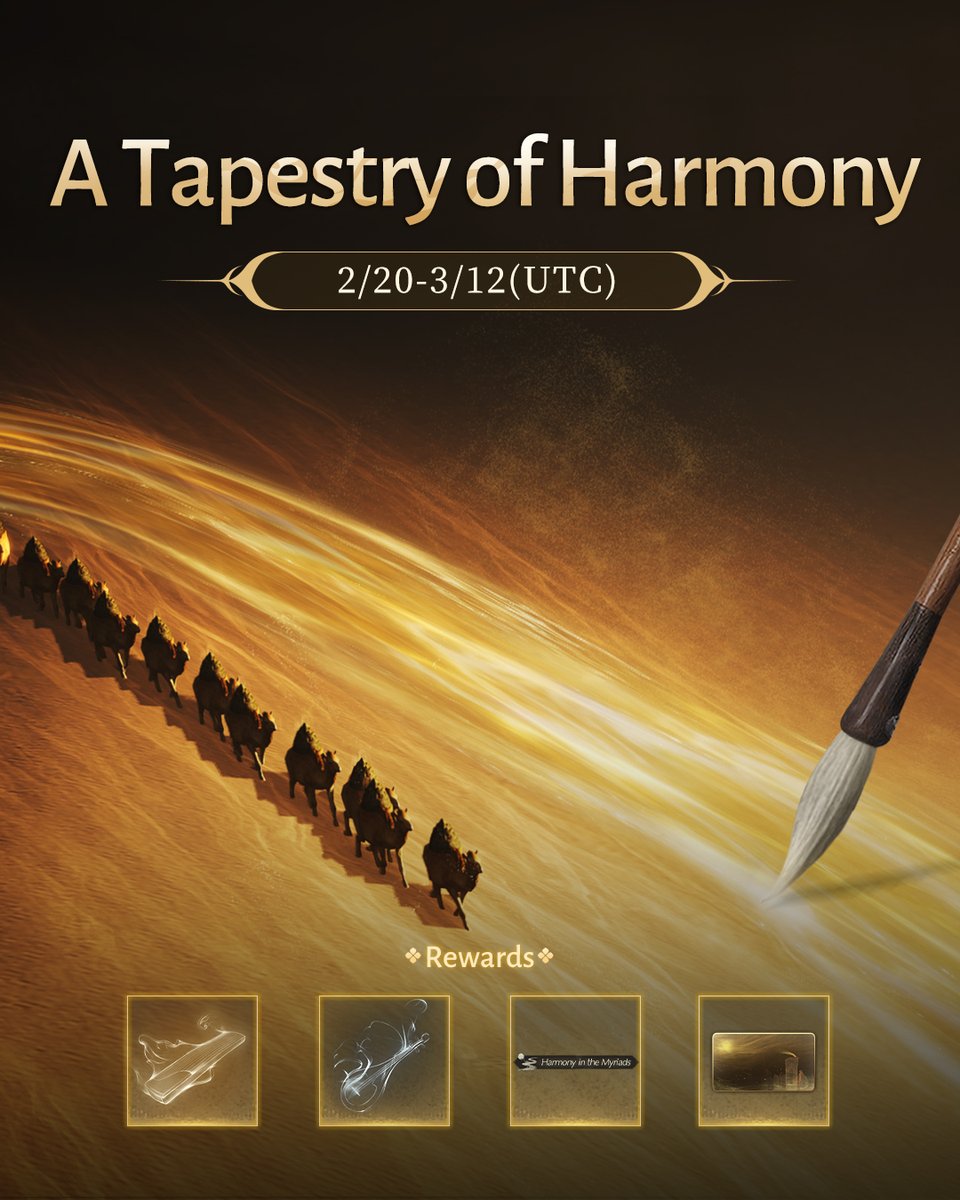 WhereWindsMeet_'s tweet image. Land Woven by the Wind's Hand
📅February 20 - March 12 (UTC) 
Complete the prerequisite quest to unlock A Tapestry of Harmony.
Join wanderers across the server and add your brushstrokes to the canvas of Hexi.
Every hue and every line reflects the bond of our shared journey.

Get