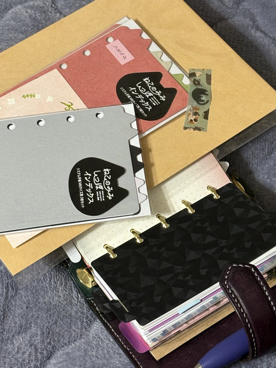gruppettoさんのねこのみみしっぽインデックス、ハルイロ2セット購入。グレーのも前に買ったまま、まだセットしてなかった。。m5のやつがとても使いやすいのでミニ6版もたくさん買ってしまった。
手帳は腐るほどあるので、インデックスはなんぼあってもいいのだ！