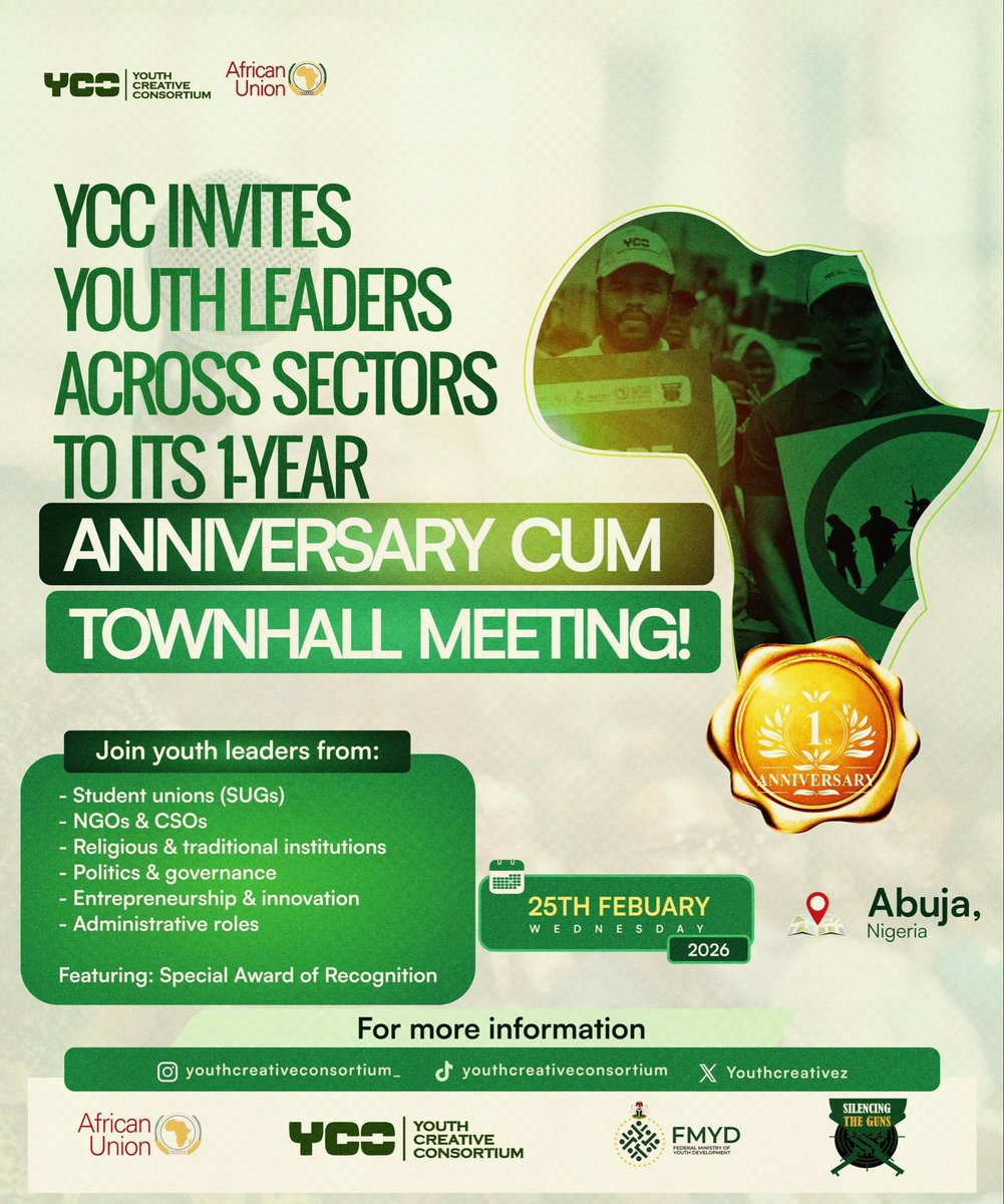 Youthcreativez's tweet image. One year of impact. One year of bold conversations. One year of youth driven transformation.

YCC invites youth leaders across sectors to its 1 Year Anniversary and Strategic Townhall Meeting.

25th February 2026
Abuja, Nigeria

Join the movement.

#YCC #Townhall2026 #OneYear