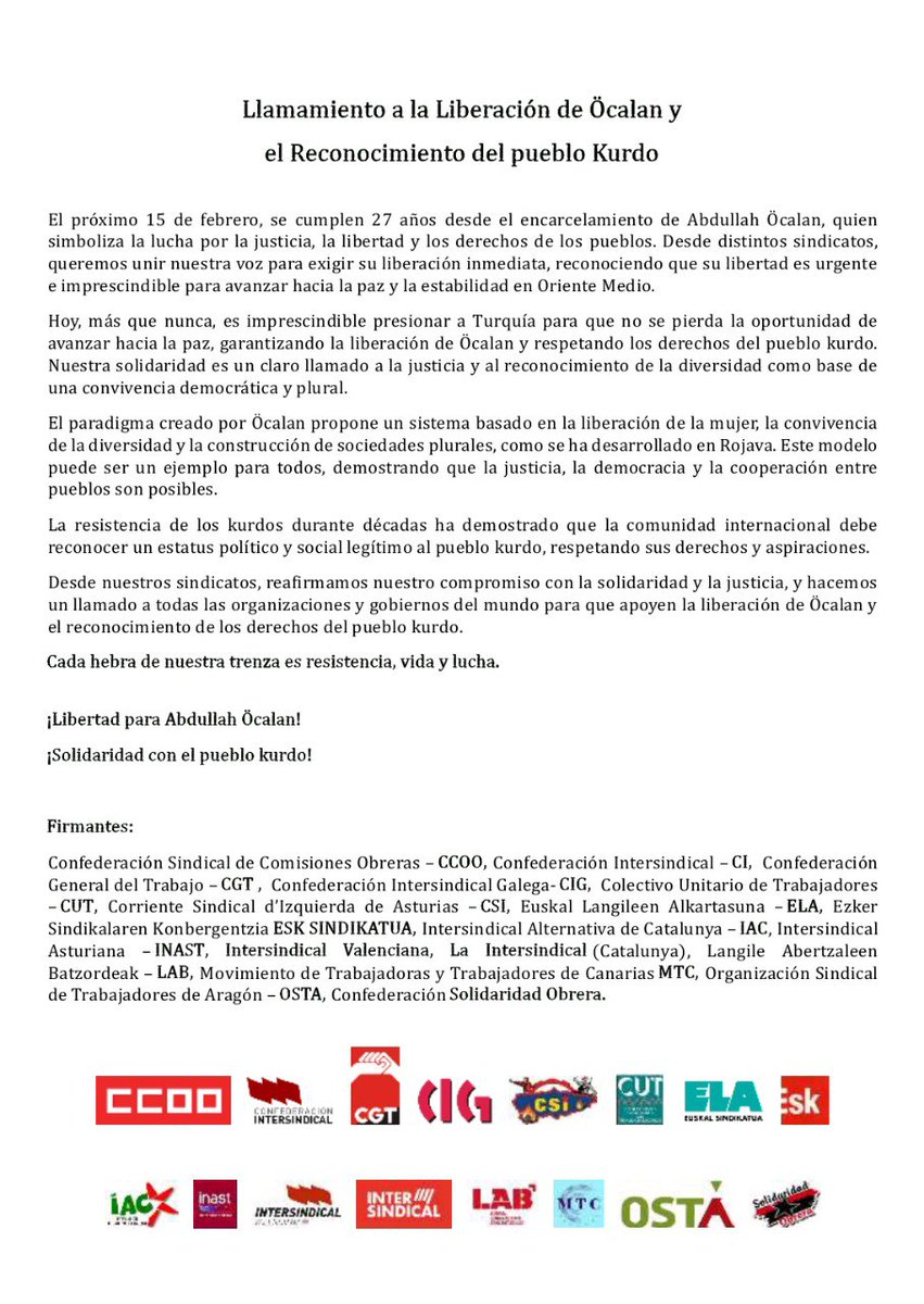 LAB_InterDept's tweet image. 16 sindicatos del Estado español, entre ellos @labsindikatua, reclamamos la liberación de #Öcalan y el Reconocimiento del Pueblo Kurdo 
#ÖcalanAskatu #KurdistanAskatu