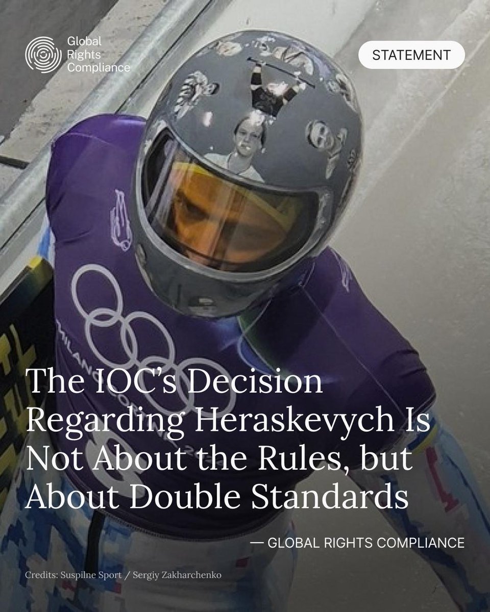 GRC_HumanRights's tweet photo. The IOC’s Discriminatory Approach to @heraskevych  and Implications for Their International Legal Obligations - Global Rights Compliance Statement

Read the statement in English: https://t.co/l8TxiYDM6I
Read the statement in Ukrainian:https://t.co/f9U80gK4cM

#Heraskevych https://t.co/sMiUHdwI7F