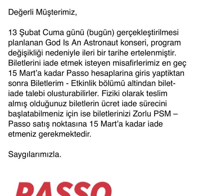 Bugün İstanbul'da yapılacak "God is an astronaut" konseri iptal edildi.