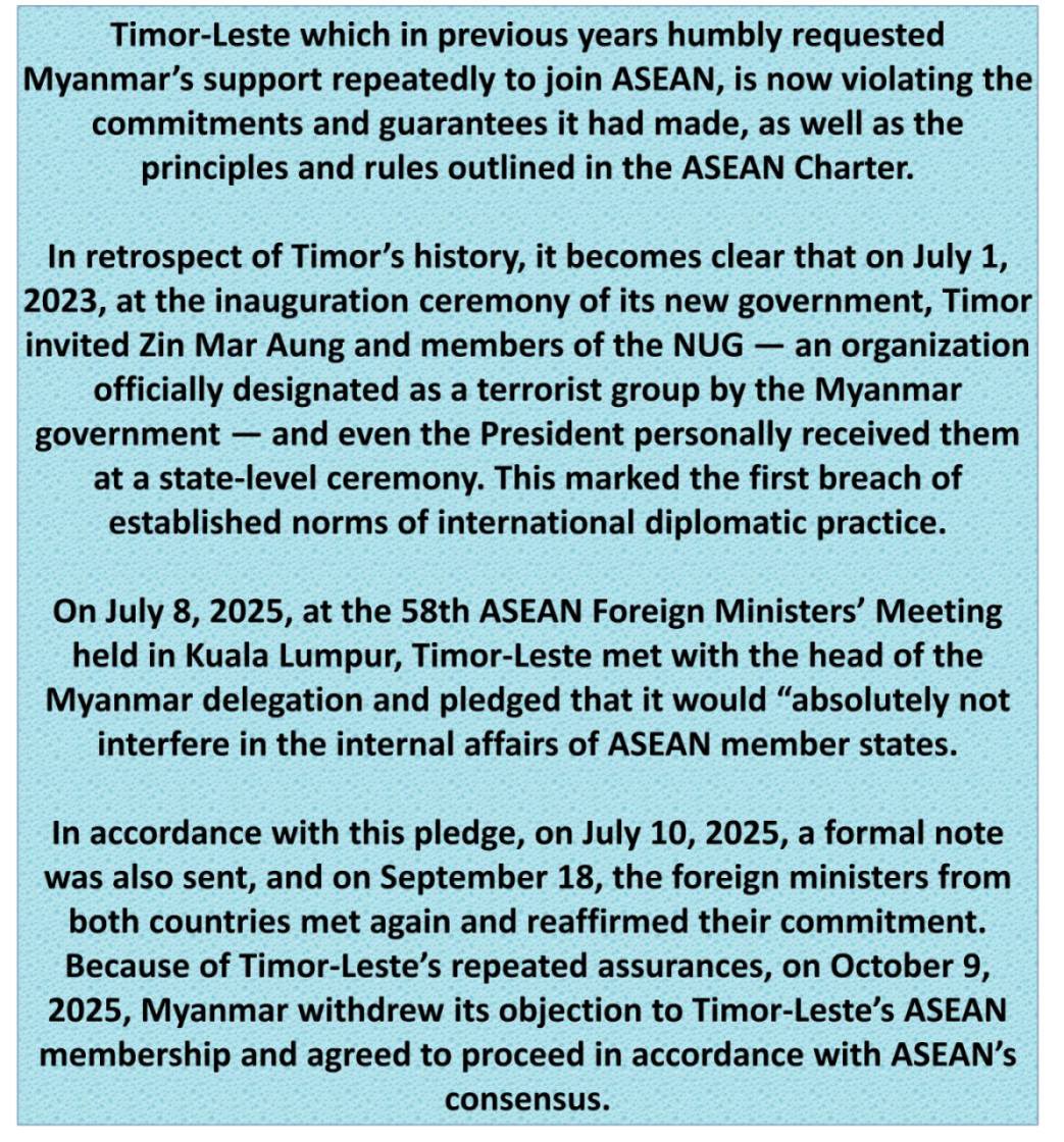 PaingKyawT21758's tweet photo. #Timor-Leste Breaks @ASEAN Promises: #Myanmar’s Objection Withdrawn, But Diplomatic Norms Questioned. Timor-Leste does not make a clear distinction between democracy and terrorism. #MyanmarFactCheck #เลือกตั้งโมฆะ https://t.co/FU6xB9Bp1u