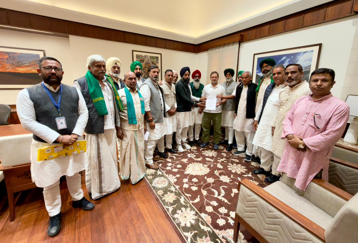 LoP Shri <a href="/RahulGandhi/">Rahul Gandhi</a> met leaders of farm unions from across the country at Parliament House today.

The farm leaders expressed their opposition to the US-India trade deal, warning that it poses a grave threat to the livelihoods of farmers cultivating corn, soyabean, cotton,