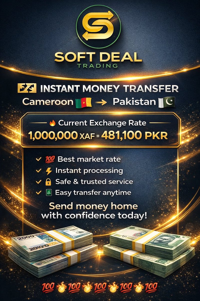 SoftDealTrading's tweet photo. 🚀 SEND MONEY FROM CAMEROON 🇨🇲 TO PAKISTAN 🇵🇰 INSTANTLY!

Today’s hot rate is here 🔥
1,000,000 XAF = 481,100 PKR 💯

⚡ Fast transfer
🔒 Safe &amp; trusted
💸 Best market value
📲 No stress, no delay

Don’t wait for the rate to change…
Send now and secure your value today! 💥💥 https://t.co/8oL3oH2dCh