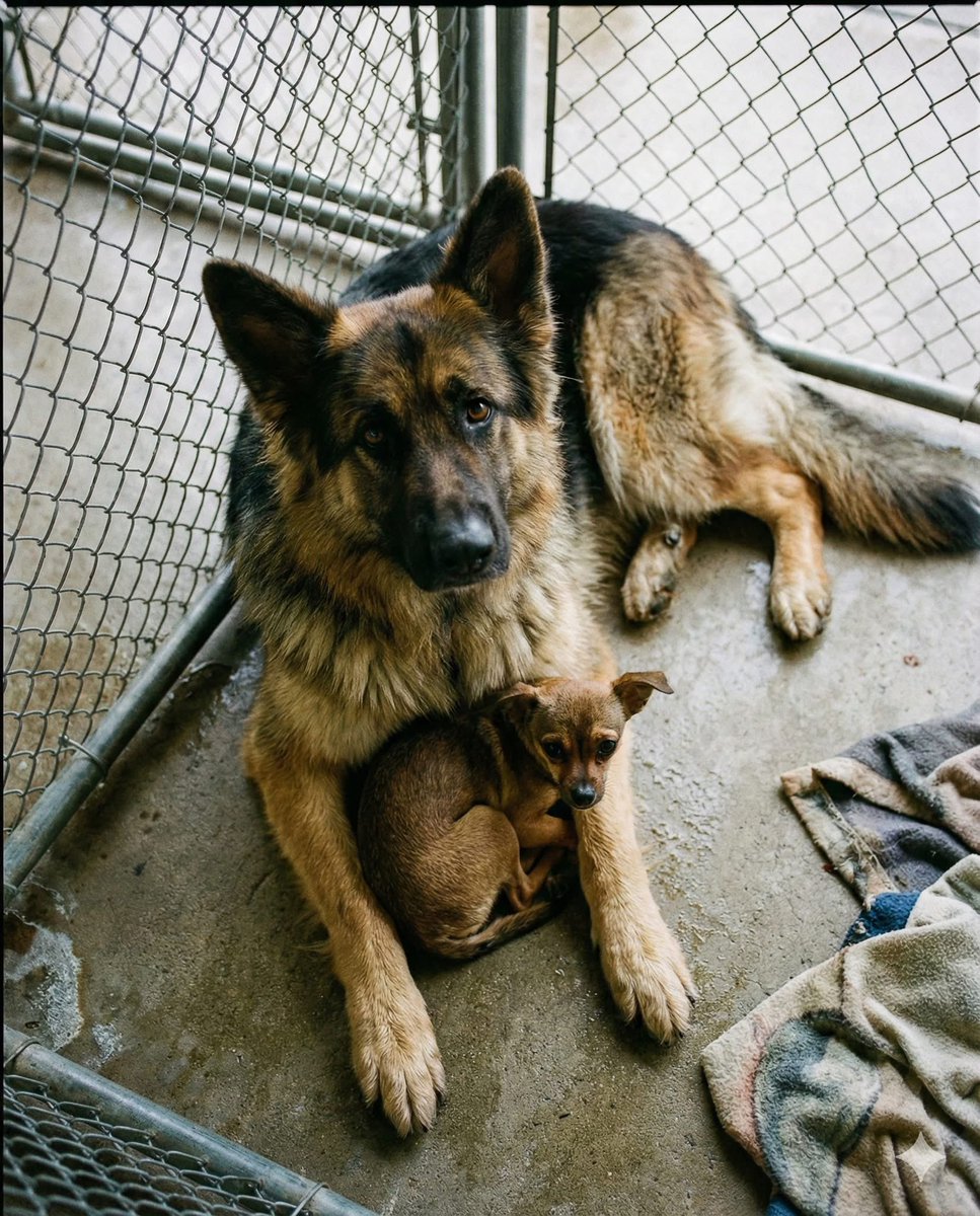 MrPitbull07's tweet photo. "You can't take both," the shelter manager said, shaking her head. "It's too much work. Just pick the Shepherd. He's highly adoptable. The little one... well, he's just baggage."

I looked through the chain-link fence and my heart broke. Atlas (the 85-pound Shepherd) wasn't growling. He was frozen in a statue-like pose. 

He was lying on the cold concrete, his massive body curled into a protective "C" shape. Tucked deeply inside that curve, shielded by Atlas’s front paws, was Barnaby—a 6-pound Chihuahua mix who was shaking so hard his teeth were literally clicking.

Barnaby wasn't looking at me. He was staring up at Atlas’s chin, his eyes wide with panic. Atlas wasn't looking at the treat in my hand. He was staring at me, his eyes communicating one clear message: If you want him, you go through me.

They had come in together three weeks ago. An eviction case. The family simply left them in the apartment when they moved out. For three years, Atlas had been Barnaby's bodyguard. And Barnaby had been Atlas's emotional anchor. 

The kennel staff told me that when they tried to separate them for walks, Atlas would scream. Not a bark—a scream. He would chew the metal fencing until his gums bled, frantic to get back to his tiny friend.

"I'm not picking one," I said, handing the clipboard back. "I'm taking the set."

The manager sighed. "You're signing up for a nightmare. Two vet bills. Two personalities. One has anxiety, the other is protective. It’s a lot."

I signed the papers anyway.

The ride home was chaos. Not because they were bad, but because Atlas refused to sit in the back seat unless Barnaby's crate was strapped in right next to him. 

He had to be able to smell him. He pushed his nose through the crate bars the entire 40-minute drive, just to let Barnaby know he was still there.

That was four months ago. The manager was right about the bills—they are double. But she was wrong about the nightmare. I didn't just save two dogs. I saved a marriage.

They don't do a single thing apart. They eat from bowls placed side-by-side. They sleep in a pile on the rug (Barnaby usually uses Atlas's ear as a blanket). If Barnaby barks at the mailman, Atlas runs to the window to back him up, adding his deep "woof" to the little guy's squeaks.

I watch them sometimes, sleeping in a tangle of limbs, and I realize how close they came to being ripped apart. If I had listened to the "logic," Barnaby would probably be gone by now, and Atlas would be grieving in a cage somewhere.

If you ever see a "Bonded Pair" sticker on a kennel, don't pity them. Envy them. We should all be so lucky to have a friend who would chew through a metal fence just to make sure we're okay.

Credit: Born legend