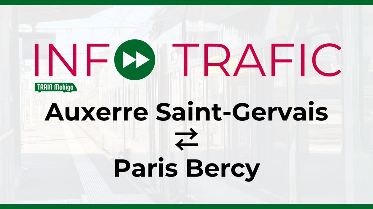 📣 #InfoTraficTRAINMobigo

📍 Auxerre Saint-Gervais ⇄ Paris Bercy

⚠️ Réutilisation d'un train, des perturbations sont à prévoir dans le secteur.

👩‍💻 Si besoin, je suis là pour vous renseigner.