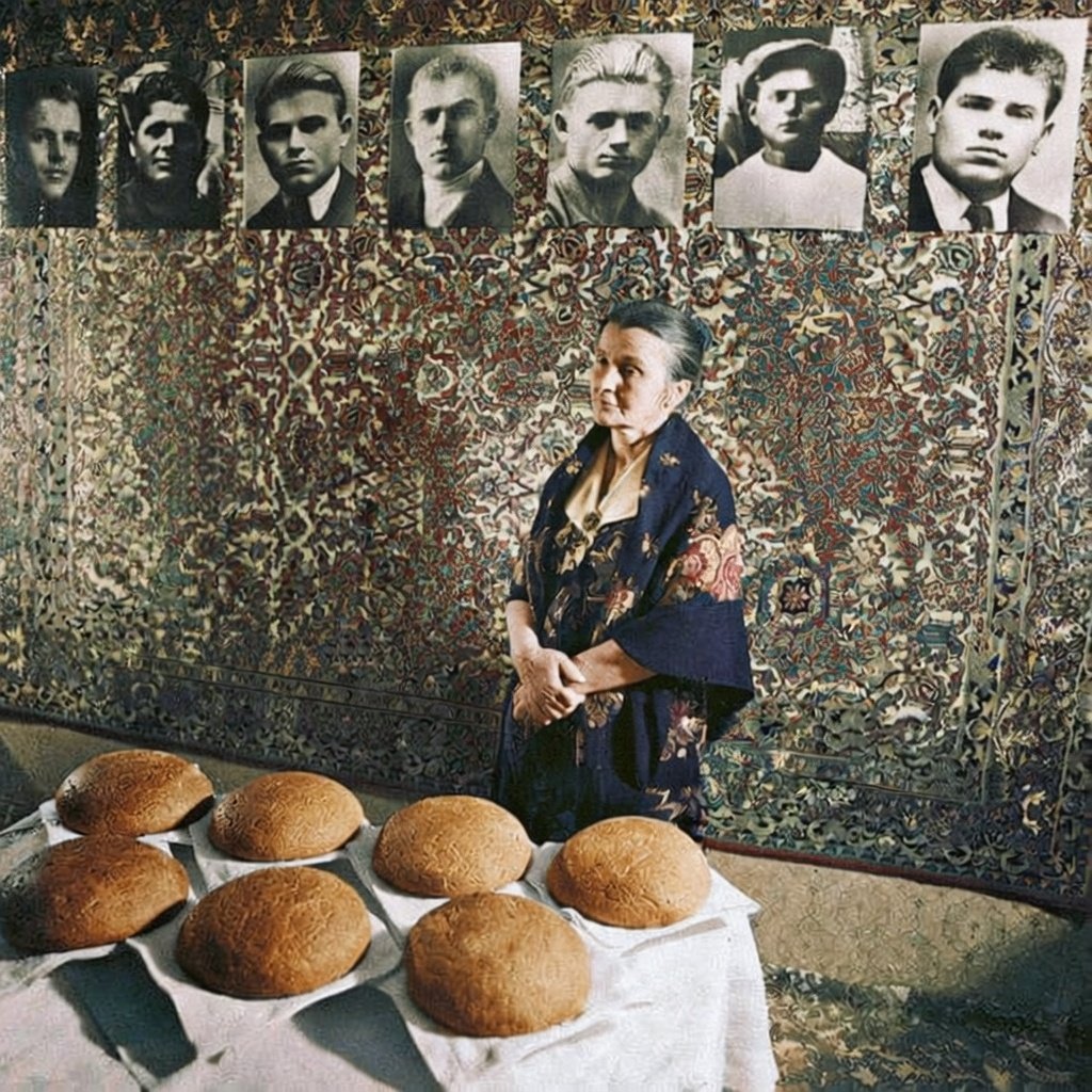 Una madre soviética, que perdió a sus 7 hijos luchando contra los nazis durante la Segunda Guerra Mundial, prepara unos panes en su casa vacía para cada uno de sus hijos, como solía hacer cuando se reunían.

Su nombre era Alexandra Fedorovna Lavrenteva, llamada la "Madre de los