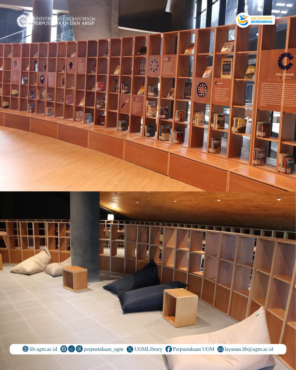 Perpustakaan dan Arsip UGM menghadirkan Mini Library di CollabHub by Paragon, yang berlokasi di Gedung Inovasi dan Kreativitas UGM 🙌🏻
