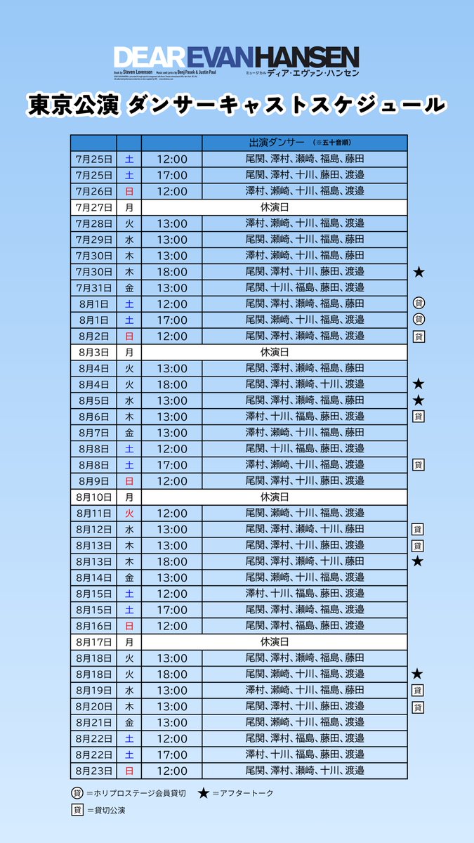━━━━━
👕ダンサーキャストスケジュール解禁🏫
━━━━━

▸東京｜𝟕.𝟐𝟓-𝟖.𝟐𝟑
▸愛知｜𝟖.𝟐𝟗-𝟗.𝟔
▸大阪｜𝟗.𝟏𝟎-𝟐𝟏
※順次発表、各地HPにてご確認ください。

『ディア・エヴァン・ハンセン』
🎫2月28日(土)から先着先行開始🎫
horipro-stage.jp/stage/dearevan…
#dearevanhansenjp