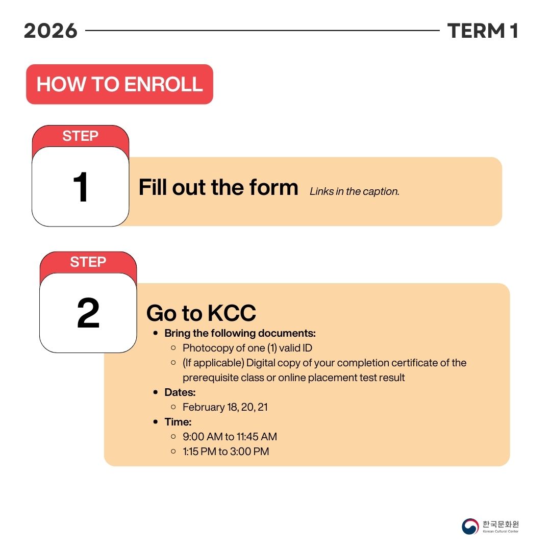 KCCPHIL's tweet photo. π£π 2026 TERM 1: Language Classes for Beginners
π Application Form: https://t.co/2w1KAGIxPM
π Remaining slots per class: https://t.co/nlZKgqLPsX
The online application will be open starting today, February 13 until February 17.
#KCCClass #KCCPhil #KoreanCulturePH https://t.co/6yLBroBVi5