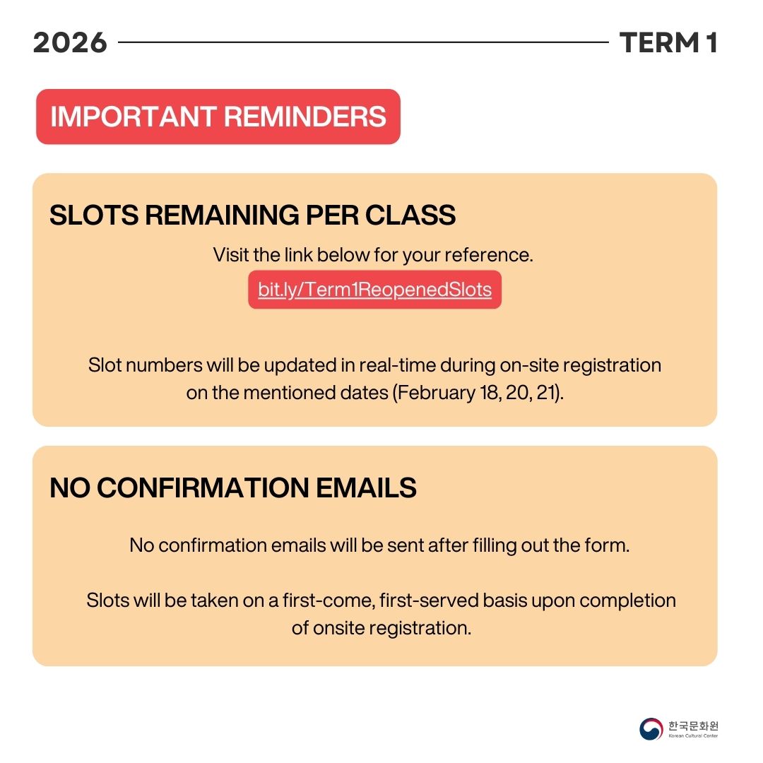 KCCPHIL's tweet photo. π£π 2026 TERM 1: Language Classes for Beginners
π Application Form: https://t.co/2w1KAGIxPM
π Remaining slots per class: https://t.co/nlZKgqLPsX
The online application will be open starting today, February 13 until February 17.
#KCCClass #KCCPhil #KoreanCulturePH https://t.co/6yLBroBVi5