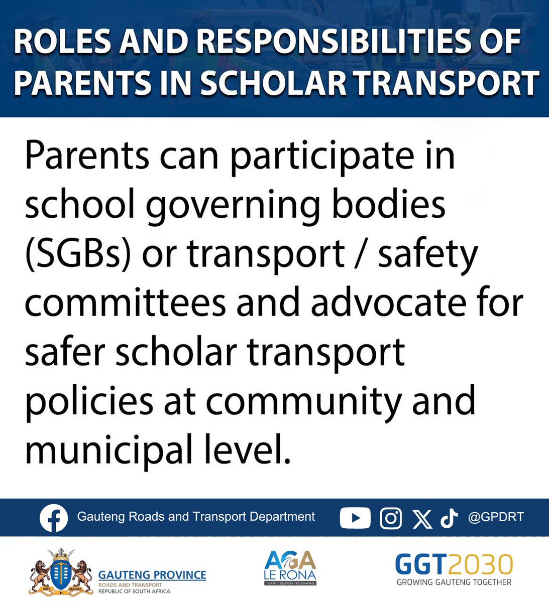 GPDRT_'s tweet photo. Scholar transport safety | ROLES AND RESPONSIBILITIES OF PARENTS IN SCHOLAR TRANSPORT 

#scholartransport #itstartswithyou #roadsafety #EThomaKaWena #GPBacktoSchool #Back2School #gauteng https://t.co/VXDeH30vAW