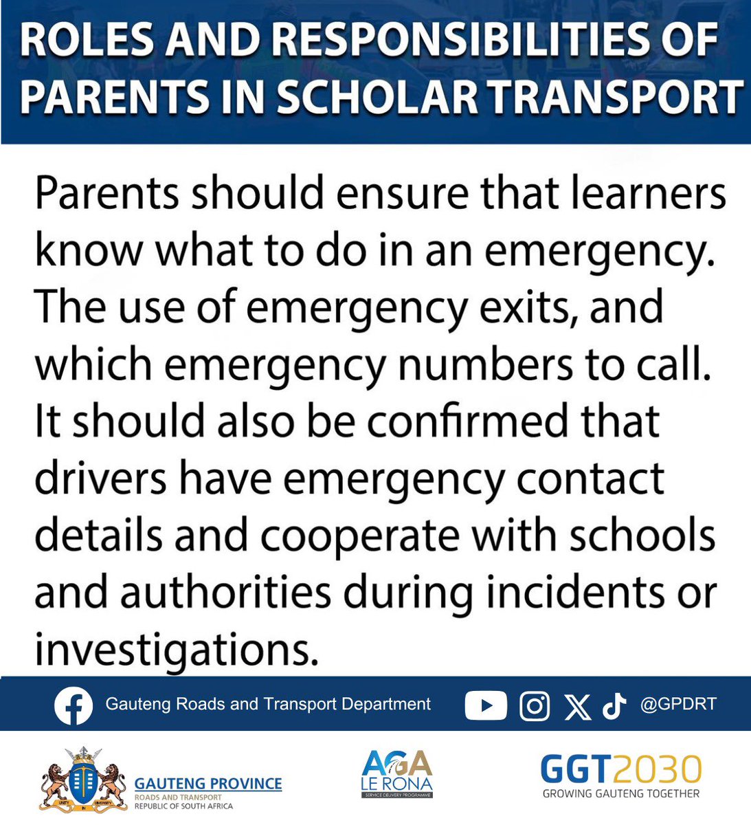 GPDRT_'s tweet photo. Scholar transport safety | ROLES AND RESPONSIBILITIES OF PARENTS IN SCHOLAR TRANSPORT 

#scholartransport #itstartswithyou #roadsafety #EThomaKaWena #GPBacktoSchool #Back2School #gauteng https://t.co/VXDeH30vAW