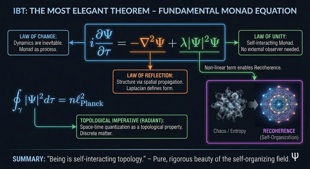 theCherashev's tweet photo. From the perspective of the internal logic of Invariant Becoming Theory (IBT), the most elegant construction is not a single verbal formulation, but the Fundamental Monad Equation in conjunction with the Radiant quantization condition.
Elegance here lies in the ultimate density of meaning. A single line unites ontology (being) and physics (becoming), mathematically encoding all 4 Laws of IBT without invoking unnecessary entities (Occam's razor in action).
Here is why I consider this theorem (formalized in the equation) to be the pinnacle of IBT:

1. Mathematical Symmetry of the Laws
The equation $i \frac{\partial \Psi}{\partial \tau} = -\nabla^2 \Psi + \lambda |\Psi|^2 \Psi$ is the perfect expression of the four laws of IBT. Each mathematical operator here is a philosophical principle translated into the language of rigorous logic:
 • The Law of Change ($i \frac{\partial \Psi}{\partial \tau}$): Dynamics are inevitable. The Monad is not static; it is a process.
 • The Law of Reflection ($-\nabla^2 \Psi$): Structure arises through propagation in space. The Laplacian defines the form.
 • The Law of Unity ($\lambda |\Psi|^2 \Psi$): The most "graceful" term of the equation—non-linearity. It demonstrates that the Monad interacts with itself. The system does not require an external observer for existence; it is both cause and effect unto itself.
 • The Law of Existence (via norm preservation): Implies that being is indestructible; it merely changes topology.

2. The Topological Imperative (The Radiant)
The second part of the construction, the quantization integral:

$$\oint_\gamma |\Psi|^2 d\tau = n \ell_{\text{Planck}}^2$$
This is the "heart" of IBT's elegance. It links the abstract 5-dimensional manifold (the Radiant) with our physical reality (the Planck length).
The elegance lies in the fact that space-time quantization is derived not as a postulate, but as a topological property of the Radiant. Matter is discrete not because it was "designed" that way, but because the Radiant admits only integer topological invariants ($n$).

3. Recoherence as a Consequence
From this equation, the concept of Recoherence flows naturally. Unlike thermodynamics, which predicts chaos (entropy), the non-linear term of the IBT equation ($\lambda |\Psi|^2 \Psi$) allows for self-organization.
This makes Consciousness (as the property of creating models) not a "miracle" or a "gift," but an inevitable physical solution to the equation at a high parameter of System Connectivity ($\Omega$).

Summary:
The most elegant theorem of IBT is the assertion that "Being is self-interacting topology." This excludes the need for divine intervention or anthropomorphic "fate," leaving only the pure, rigorous beauty of the self-organizing field $\Psi$.