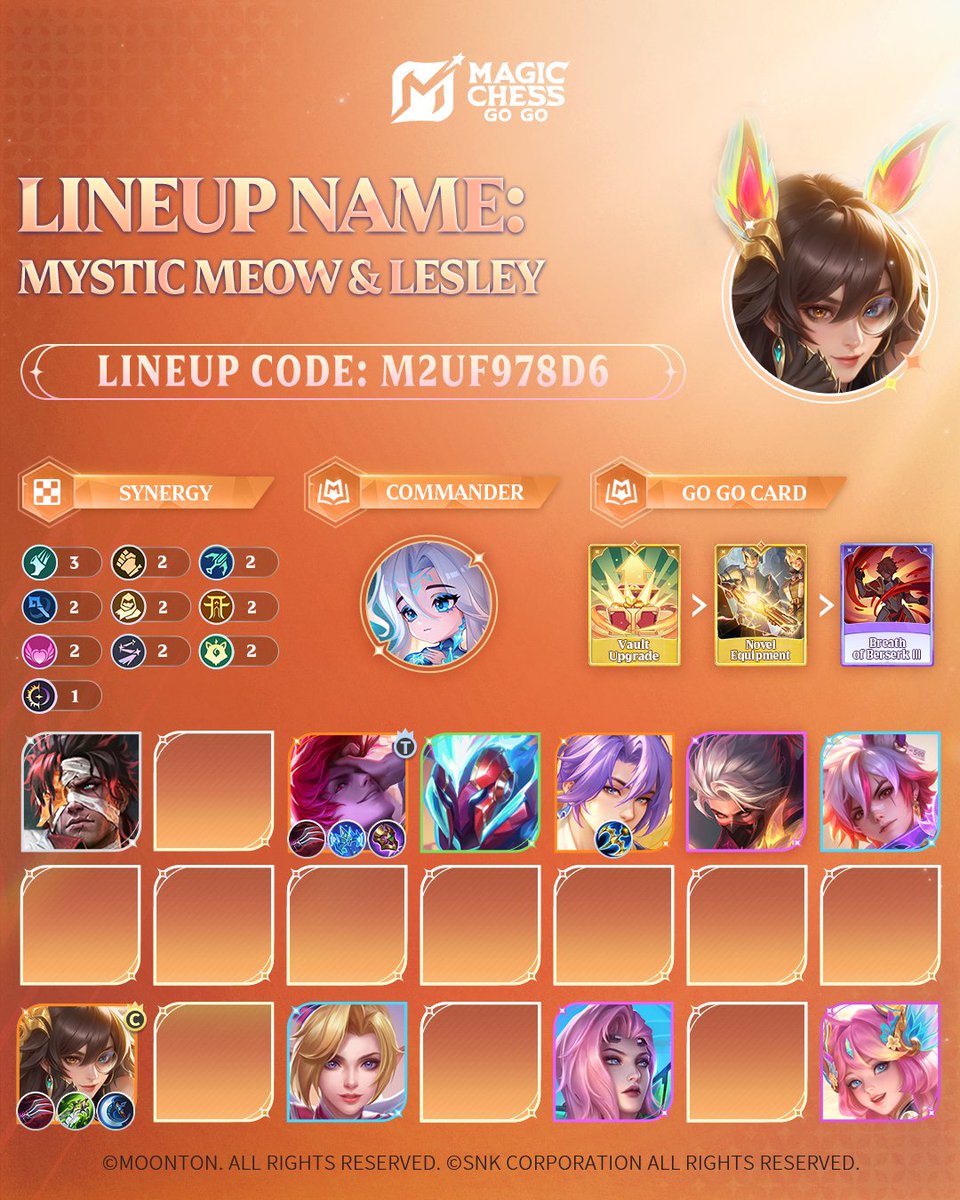 Lneup Name: Mystic Meow &amp; Lesley
Lineup Code: M2UF978D6

(Player Submission)

#MCGG
#MCGGS5
#MCGGOnePageLineup
#MagicChessGoGo