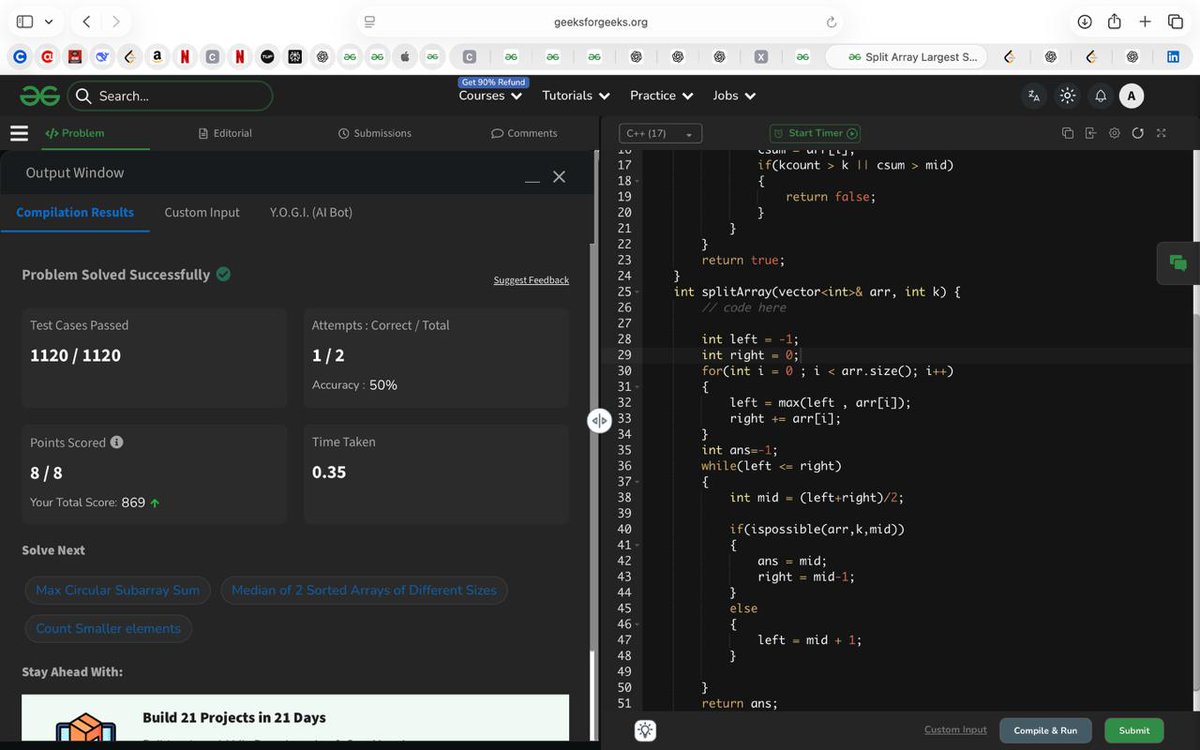 AdityaisBEST's tweet photo. ✨ Birthday Series – Day 6 ✨
Today’s problems:
1️⃣ Split Array –> Largest Sum

2️⃣ Intersection Point of Two Linkedin Lists.
#BirthdaySeries #DSA #LeetCode #GeeksForGeeks #BinarySearch #BinarySearchOnAnswer #GreedyAlgorithm #LinkedList #TwoPointerTechnique #OptimizationProblems https://t.co/kykDyyDb5X