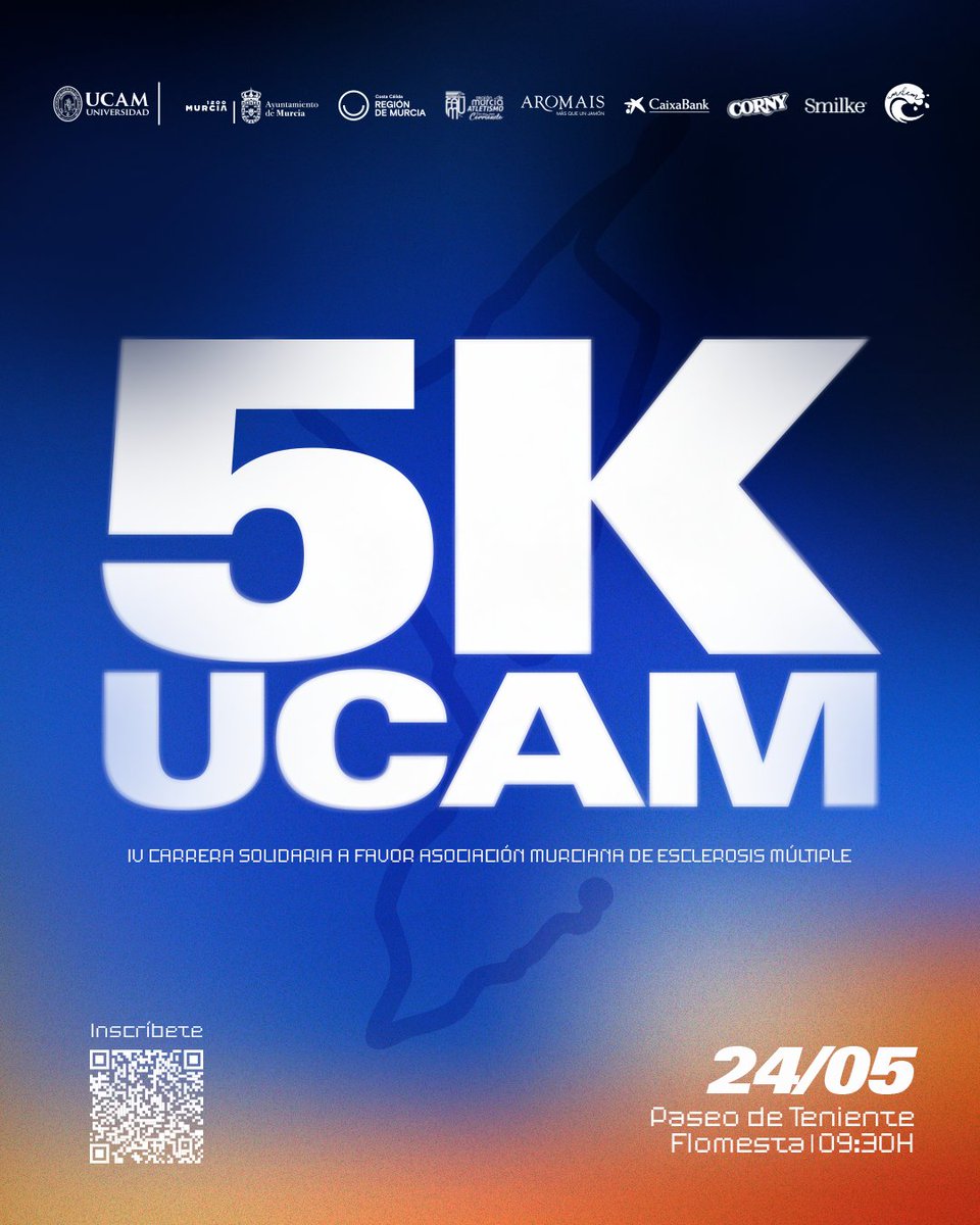 UCAM's tweet photo. 🏃‍♂️ La IV 5K y Marcha UCAM Solidaria ya tiene fecha

💙 Un evento deportivo a favor de la Asociación Murciana de Esclerosis Múltiple AMDEM_Murcia

📅 24 de mayo
📍 Paseo de Teniente Flomesta (Murcia)
🕤 Desde las 09:30 h

📝 Inscripciones abiertas hasta el 21 de mayo a las 16:00 h
🔗 https://t.co/0nnNDUhn4d
