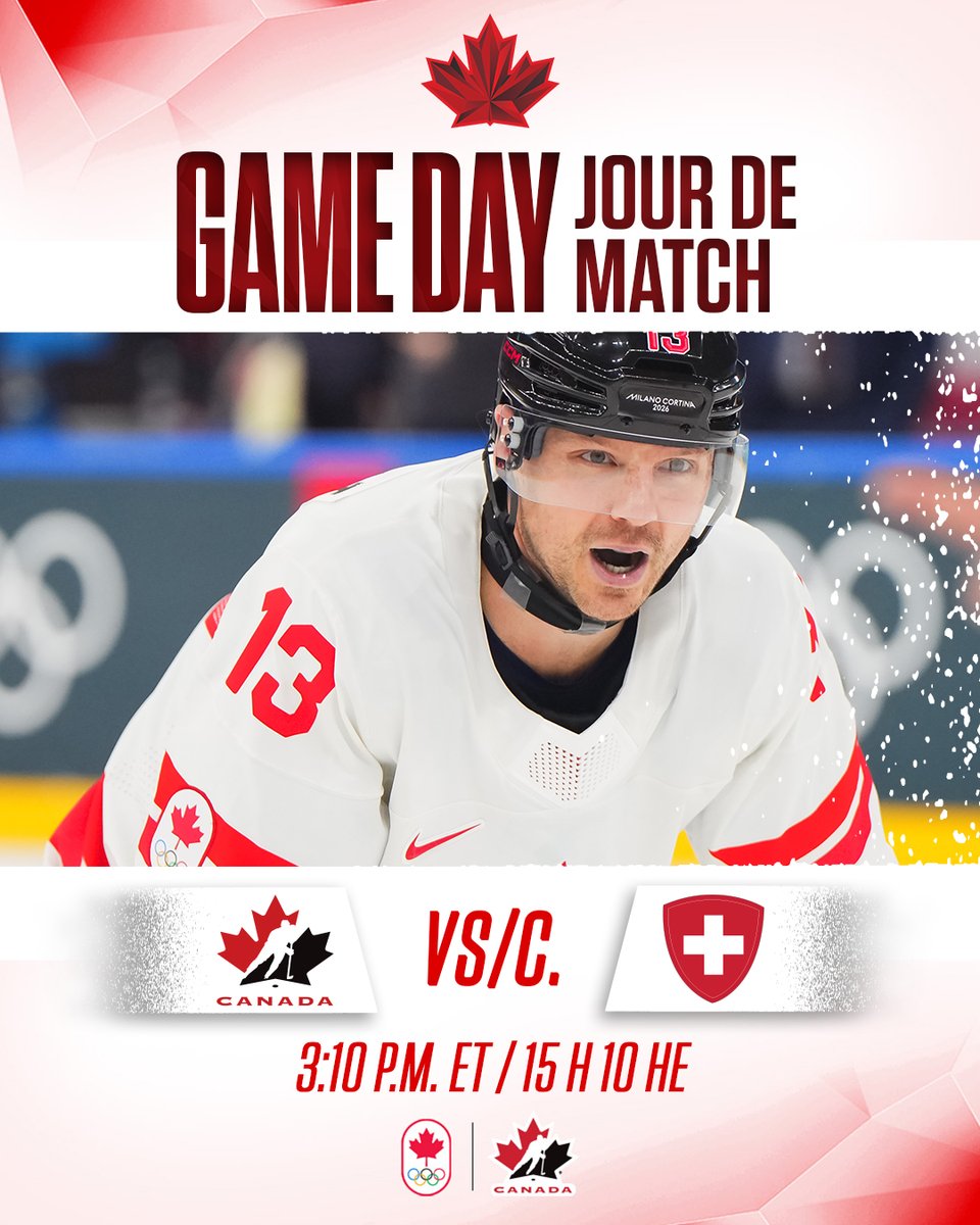 GAME DAY! Right back to work in Milan. 🇨🇦🇨🇭

JOUR DE MATCH! Retour au travail à Milan. 🇨🇦🇨🇭

⏰ 3:10 p.m. ET / 15 h 10 HE
📺 <a href="/TSN_Sports/">TSN</a> / <a href="/RDSca/">RDS</a>
📰 hc.hockey/OLYMPreview021…
📰 hc.hockey/ApercuOLYM0213…
 
#MilanoCortina2026